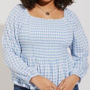 Torrid Rayon Gingham Blue White Smocked Bodice Long Sleeve Crop Blouse 1X